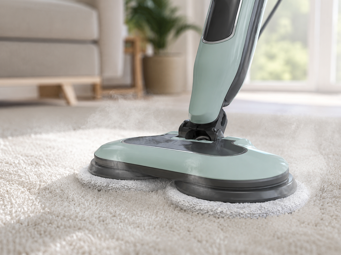 Close-up of steam mop moving with a carpet glider over carpet fibers