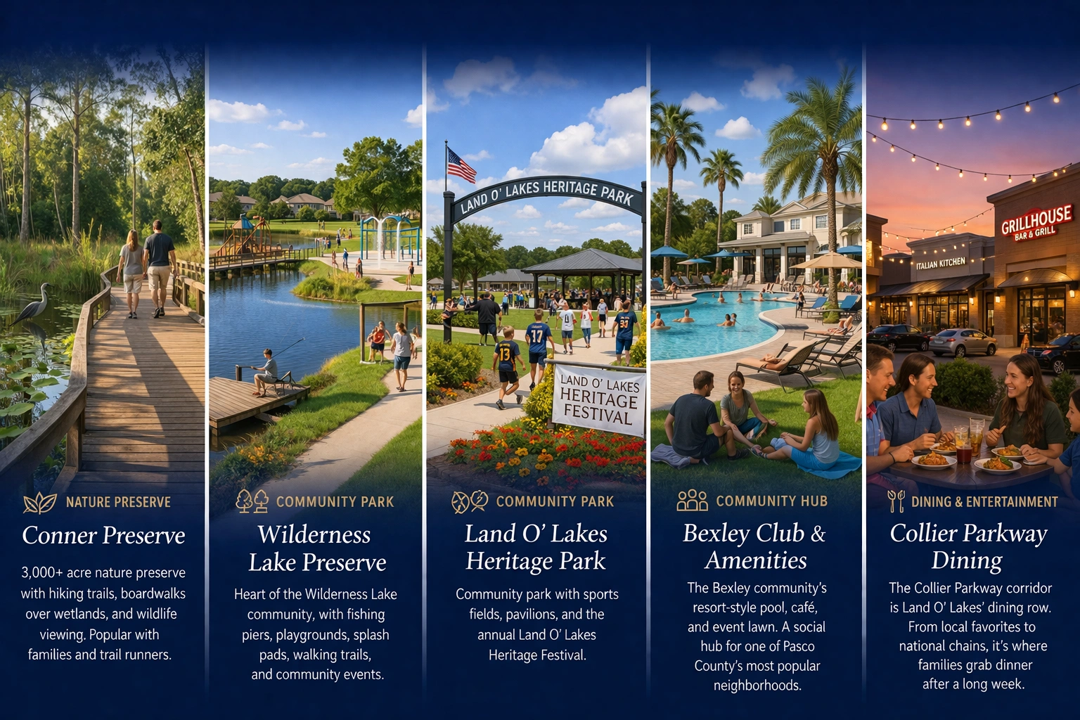 Popular Land O' Lakes attractions: Conner Preserve nature trails, Wilderness Lake Preserve park, Land O' Lakes Heritage Park festival, Bexley Club resort pool, Hungry Harry's BBQ restaurant