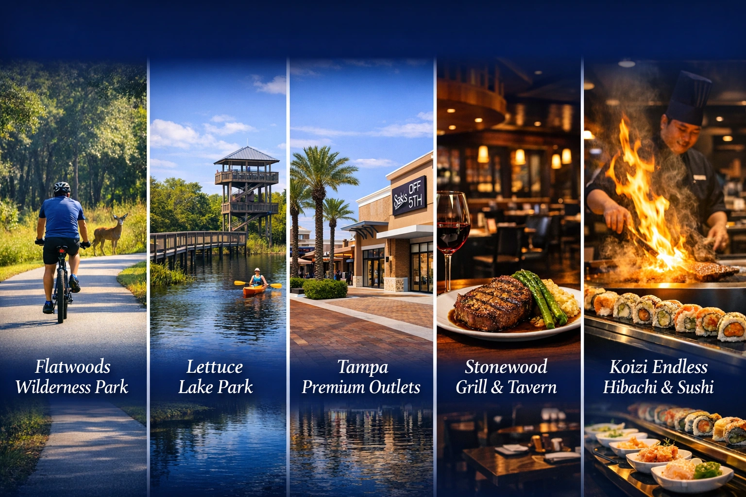 Popular New Tampa attractions: Flatwoods Wilderness Park trails, Lettuce Lake Park observation tower, Tampa Premium Outlets shopping, Stonewood Grill steakhouse, Koizi Hibachi and Sushi