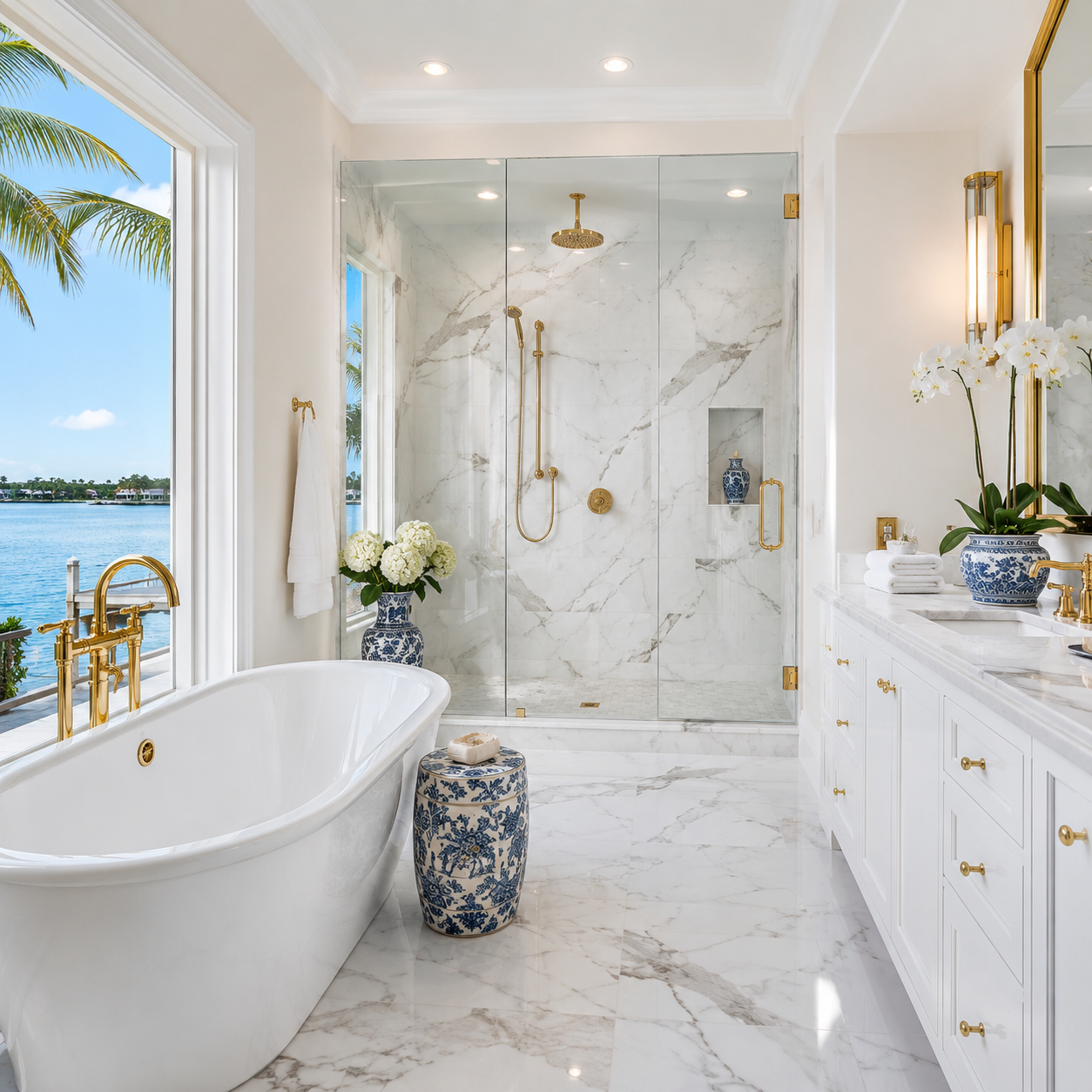 A polished waterfront Florida bathroom reflecting hospitality-inspired home care