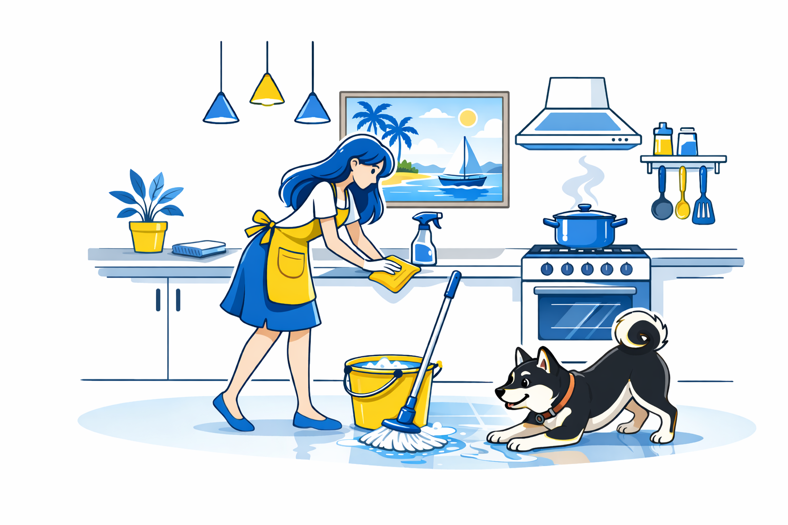 Cleaner preparing a kitchen with a mop bucket and dog nearby